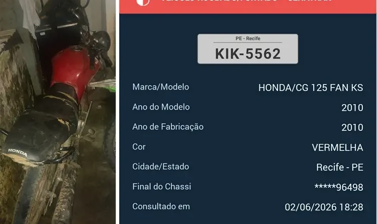 MOTOCICLETA ROUBADA É RECUPERADA E SUSPEITO É DETIDO EM JAQUEIRA