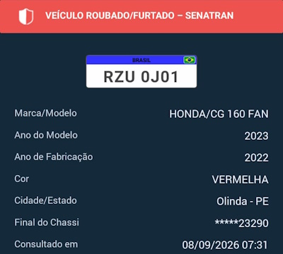 MOTOCICLETA COM RESTRIÇÃO DE ROUBO É RECUPERADA DURANTE RONDAS DA PM EM PALMARES